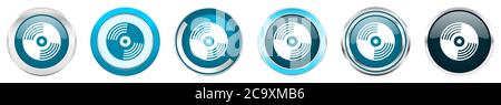 Vinyl Musik silber metallic Chrom Grenze Symbole in 6 Optionen, von Web blau runde Tasten auf weißem Hintergrund einstellen Stockfoto