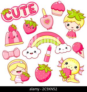 Strawberry Kollektion. Set von kawaii sommertime Sticker. Kleines Mädchen und Drachen mit reifen Erdbeeren, Regenbogen, Lippenstift, Cupcake, Eis. Süße Summe Stock Vektor