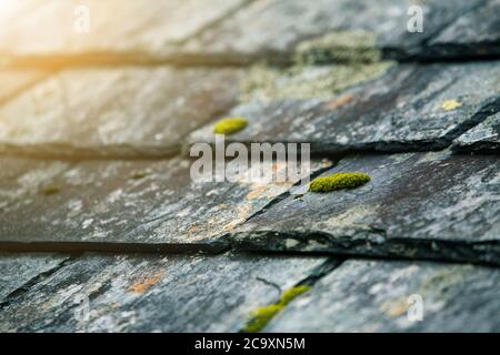 Alte alte Steindachziegel Stockfoto