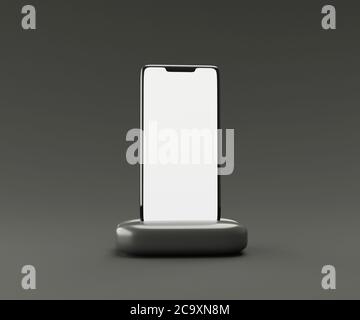 Smartphone auf einem Präsentationsständer isoliert auf gelbem Hintergrund mit leerem Bildschirm. Technologie Werbekonzept.3D-Illustration Stockfoto