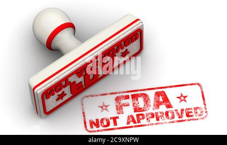 FDA nicht zugelassen. Rote Dichtung und Aufdruck „FDA NOT APPROVED“ auf weißer Oberfläche. 3D-Illustration Stockfoto