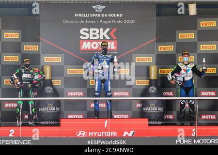 Jerez, Spanien. August 2003. Zweiter Tag der World SBK Rennen auf dem Jerez Angel-Nieto Circuit, Jerez 2. August 2020 Podium SSP300 Circuito de Jerez Angel-Nieto/Cordon Pressequelle: CORDON PRESS/Alamy Live News Stockfoto