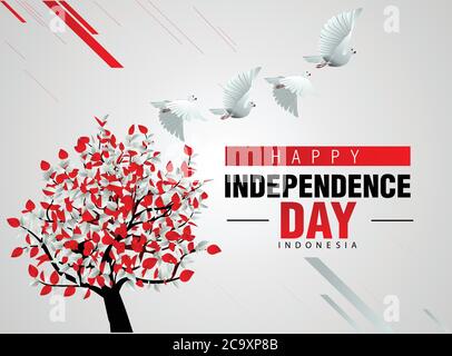 Happy Independence Day indonesien 17. august. Taube fliegen mit Flagge farbigen Baum. vektor-Illustration Stock Vektor