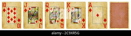 Diamonds Suit Vintage Playing Cards, Set include Ace, King, Queen, Jack und Ten - isoliert auf Weiß. Stockfoto
