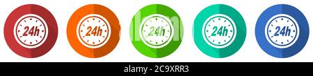 24h Icon Set, rot, blau, grün und orange flache Design Web-Tasten isoliert auf weißem Hintergrund, Vektor-Illustration Stockfoto