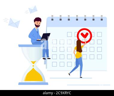 Das Team liefert das Projekt innerhalb der vorgegebenen Frist ab. Mann sitzt auf einer großen Sanduhr mit einem Laptop. Mädchen setzt einen Stichtag. Vektor-Illustration in moderner Wohnung. Stock Vektor