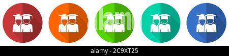 Bildung Icon Set, erziehen, Absolvent, weibliche und männliche Studenten, rot, blau, grün und orange flaches Design Web-Tasten isoliert auf weißem Hintergrund, vec Stockfoto