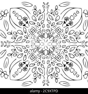 doodle Gartengestaltung mit Kreisform. Es gibt Blätter, Stängel, Blumen, Käfer Insekten, Schmetterlinge. Und kunstvolle Ornamente. Geformter Kreis und Symme Stock Vektor