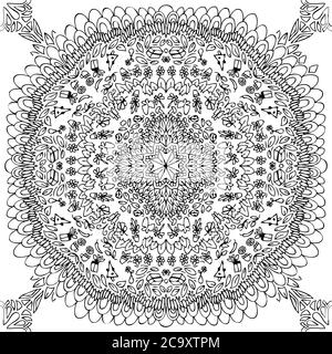 doodle Gartengestaltung mit Kreisform. Es gibt Blätter, Stängel, Blumen, Käfer Insekten, Schmetterlinge. Und kunstvolle Ornamente. Geformter Kreis und Symme Stock Vektor