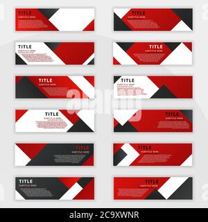 Zunächst ein Satz roter Banner mit 12 Designs, entworfen für Online-Bedürfnisse, wie benner Website, Social Media und Werbung. Kann auch bedruckt werden Stock Vektor