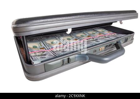 Ajar moderner Koffer mit Gelddollar auf weißem Hintergrund. Inflation und Stückelung Konzept, Zahlung Stockfoto