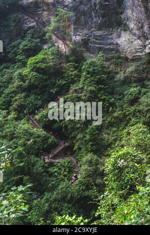 Wulong, China - August 2019 : Touristen, die auf einer steinigen Treppe in einer Schlucht zwischen Karstlandschaft des Wulong Nationalparks wandern Stockfoto