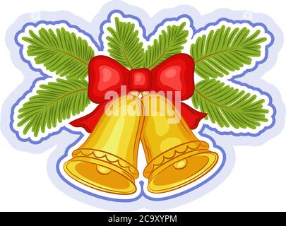 Weihnachtsfeiertagsdekoration, goldene Glocken mit rotem Bogen und grünen Tannenzweigen isoliert auf weißem Hintergrund. Vektor Stock Vektor