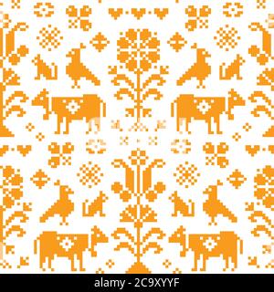 Österreichisches und deutsches Kreuzstich Vektor nahtlose Volkskunst-Muster, emrboidery Fliesendesign mit Vögeln, Hunden, Kühen, Herzen und Blumen Stock Vektor