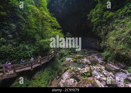 Wulong, China - August 2019 : Touristen, die auf einem künstlichen Holzweg entlang des Baches Fluss durch die Schlucht und das Land fließt Stockfoto