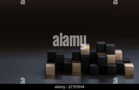 Minimalistischer abstrakter Hintergrund aus schwarzen und goldenen Würfeln. 3d-Rendering. Stockfoto