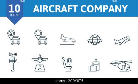 Symbol für Flugzeugunternehmen. Die Abholung beinhaltet die Symbole Ankunft, Bord, Abfahrt, Bord, waage, Online, Check-in, Flugzeug, Ticket und über. Flugzeug Stock Vektor