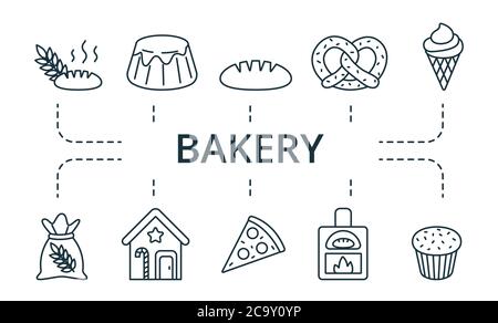 Icon-Set für Bäcker. Die Sammlung enthält Strudel, Pfannkuchen, Donut, Apfel, Kuchen, Brezel, Waffel, Croissant und über Symbole. Backwaren-Set Stock Vektor