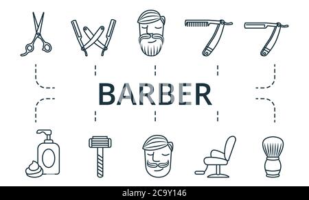 Barber Icon Set. Sammlung enthalten Pack von Pixel perfekte kreative Symbole. Barber Elements Set. Stock Vektor