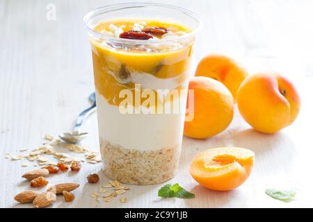 Joghurt mit Haferflocken, Aprikosen, Rosinen und Mandeln. Gesunde und nahrhafte Snack Stockfoto