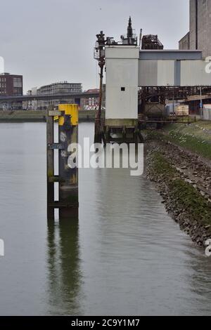 Das Ufer des Kanals in den Niederlanden mit der Infrastruktur für den Umschlag von Schiffen. Feder. Stockfoto