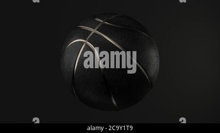 Schwarzer Basketball mit Gold Metallic Line Design auf dunklem Hintergrund. Futuristisches Sportkonzept. Nahaufnahme isolierte Kugel mit Punkten. Vorderansicht. 3D Stockfoto