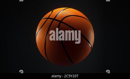 Orange Basketball mit schwarzem Metallic Line Design auf dunklem Hintergrund. Futuristisches Sportkonzept. Nahaufnahme isolierte Kugel mit Punkten. Vorderansicht. Stockfoto