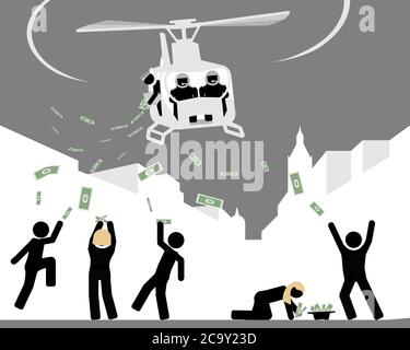Eine Illustration eines Hubschraubers, der Geld an die Menschen am Boden wirft. Stock Vektor