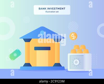 Bank Investment Illustration Set Bank Office in der Nähe Gold auf Gewölbe Hintergrund des Geldes Münze Dollar mit flachen Stil. Stock Vektor