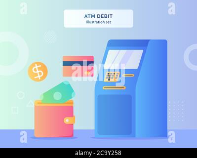 ATM Debit Illustration Set Geldautomat in der Nähe Karte Bank Münze Geld in Brieftasche mit flachen Stil Stock Vektor