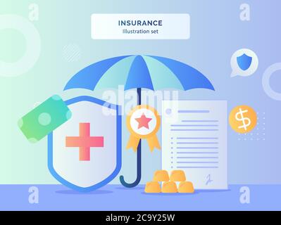 Versicherung Illustration Set Regenschirm um rotes Kreuz Schild zertifiziert Band Vertrag Brief Police Geld mit flachen Stil Stock Vektor