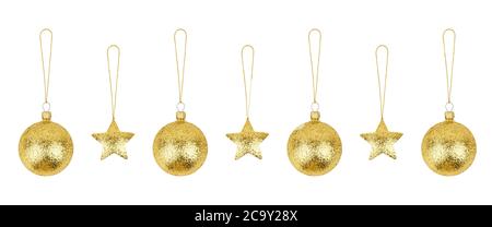 Goldene Сhristmas Baumdekorationen Set weißen Hintergrund isoliert Nahaufnahme, Glaskugeln & Gold Metall Sterne hängen auf Faden Sammlung, glänzende Kugeln Stockfoto
