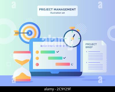 Roject Management Illustration Set Programm Checkliste auf dem Display Monitor Laptop in der Nähe Sanduhr Stoppuhr Projekt kurze Papier Ziel mit flach Stock Vektor