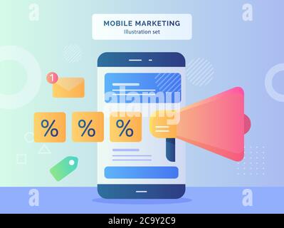 Mobile Marketing Illustration Set Smartphone in der Nähe Megaphon Prozentsatz Label Nachricht Benachrichtigung mit flachen Stil. Stock Vektor