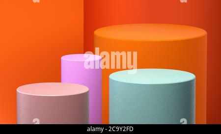 Abstrakt bunte geometrische orange Hintergrund. Minimale Szene. Zylinder-Podium. Rosa, blau, lebendig, grün, lila Farben. Mock up Design leerer Raum für Stockfoto