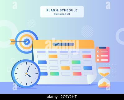 Plan und Zeitplan Illustration Set Marker Datum Kalender Hintergrund der Uhr Ziel Stunde Glas Zwischenablage mit flachen Stil. Stock Vektor