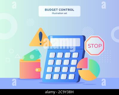 Budget-Kontrolle Illustration Set Rechner Hintergrund des Geldes in Brieftasche Tortendiagramm Warnung Stop Verkehrsschild mit flachen Stil gesetzt Stock Vektor