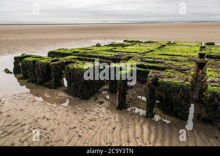 Überreste eines alten Ponton aus der Kriegszeit, der für die D-Day-Landungen am Utah Beach, Normandie, Frankreich, verwendet wurde Stockfoto