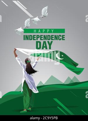 pakistan Mädchen winken Flagge ihre Hände. 14 August Happy Independence Day Feier Konzept. Kann als Poster oder Banner-Design verwendet werden. vektor-Illustration Stock Vektor