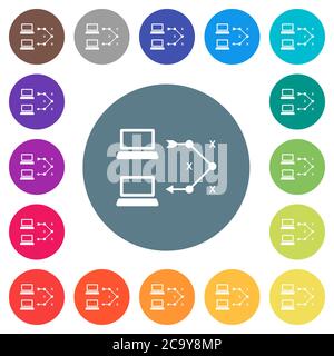 Traceroute Remote-Computer flache weiße Symbole auf runden farbigen Hintergründen. 17 Hintergrundfarbvarianten sind enthalten. Stock Vektor