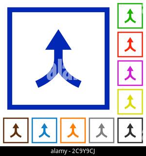 Pfeile nach oben flache Farbsymbole in quadratischen Rahmen auf weißem Hintergrund zusammenführen Stock Vektor