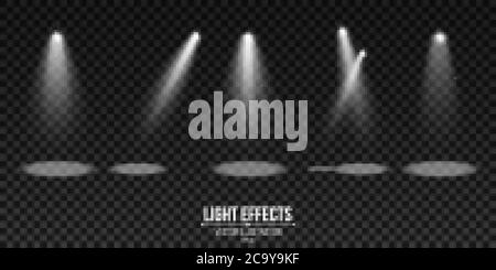 Spotlights isoliert auf einem dunklen transparenten Hintergrund. Eine Reihe von Lichteffekten. Elemente für Show und Bühne. Vektorgrafik. EPS 10. Stock Vektor