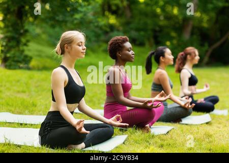 Konzentrierte multinationale Frauen tief in der Meditation während Outdoor-Yoga-Kurs im Park, leeren Raum Stockfoto