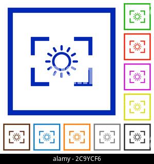 Einstellung der Kamerabelligkeit für flache Farbsymbole in quadratischen Rahmen auf weißem Hintergrund Stock Vektor