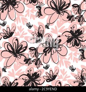 Elegante französisch Stil handgezeichnete Blumen Vektor Fliesen Rapport. Zartes Beige und kräftiges schwarzes florales Rapport für Textil, Hintergrund, Web, Post, Anzeige. Stock Vektor