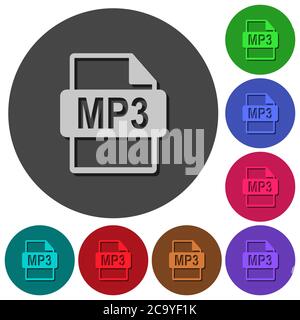 MP3-Dateiformatsymbole mit Schatten auf farbigen runden Hintergründen für die Materialgestaltung Stock Vektor