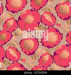 Pfingstrosen Blumen Fliesenmotiv mit goldenen Linien und lebendigen rosa Farben. Florales Nahtloses Muster für Hintergrund, Textil-Design, Oberflächenmuster. Stock Vektor