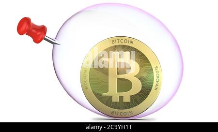 Bitcoin in einer Seifenblase mit Push-Pin, 3d-Rendering isoliert auf weißem Hintergrund. Konzept der Investitionsrisiken in Bitcoin oder anderen Kryptowährungen. Stockfoto