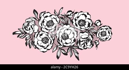 Klassische elegante schwarz-weiße Pfingstrosen-Blumen Komposition für Karte, Header, Einladung, Poster, Social Media, Post-Veröffentlichung. Handgezeichnete Blumenvekte Stock Vektor