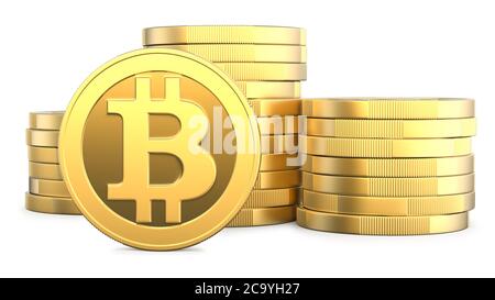 Golden Bitcoins und New Virtual Money Konzept, 3d-Rendering isoliert auf weißem Hintergrund. Stapel von vielen Goldmünzen mit Ikonenbuchstaben B. 3d illustratio Stockfoto